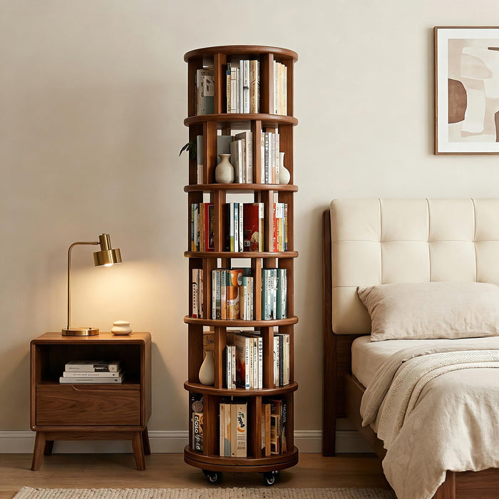 6‑Tier Rotating Bookshelf, Solid Rubber Wood 360° Revolving Bookcase with Lockable Casters, Space‑Saving Tall Storage Shelf for Living Room Bedroom Home Office, Walnut, 17.3"D×17.3"W×78.5"H