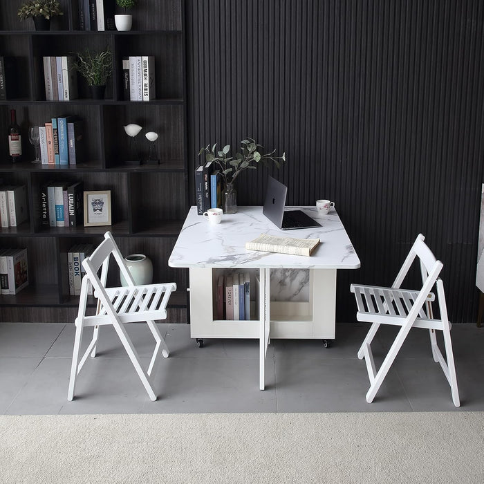 Folding Dining Table with Storage, Kitchen Table for Small Spaces | Foldable, Drop Leaf, Movable, 4 Wheels, Space Saving, Extendable, Marble Texture Top, for Apartment Kitchen Living Room White