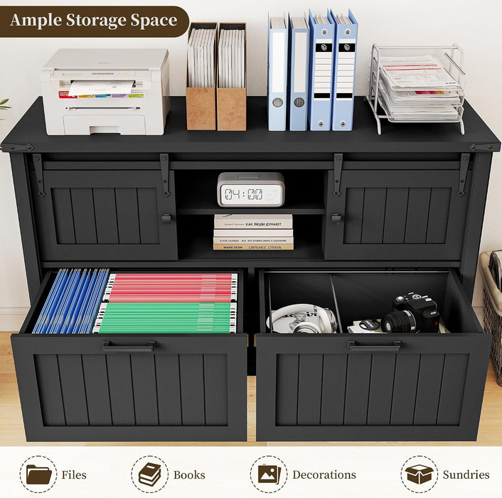 Farmhouse Lateral File Cabinet 2 Drawer and 71" Tall Bookcases Sets, 46" Filing Cabinets with Power Outlets & Storage Shelf, 3 Pcs Home Office Furniture Set, Black
