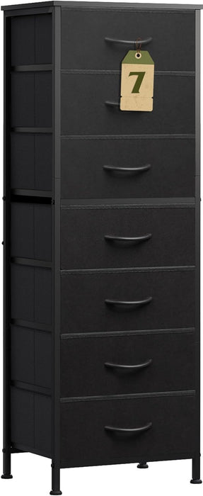 Black Tall Dresser for Bedroom, 7 Drawer Dressers & Chests of Drawers, Fabric Dresser for Closet, Living Room, Night Stand with Metal Frame, Storage Tower with Fabric Bins, Wood Top