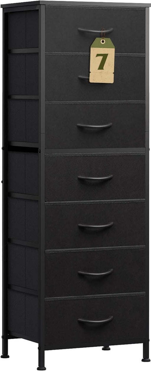 Black Tall Dresser for Bedroom, 7 Drawer Dressers & Chests of Drawers, Fabric Dresser for Closet, Living Room, Night Stand with Metal Frame, Storage Tower with Fabric Bins, Wood Top
