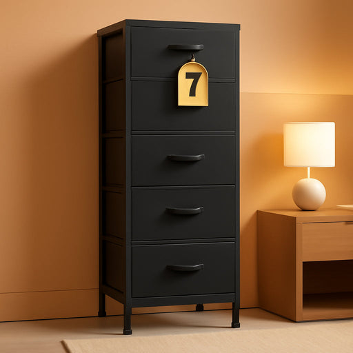 Black Tall Dresser for Bedroom, 7 Drawer Dressers & Chests of Drawers, Fabric Dresser for Closet, Living Room, Night Stand with Metal Frame, Storage Tower with Fabric Bins, Wood Top