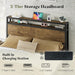 Queen Size Bed Frame with Storage Headboard & Charging Station, Industrial Metal Platform Bed with Large Under-Bed Storage, Heavy Duty Slats, No Box Spring Needed, Rustic Brown