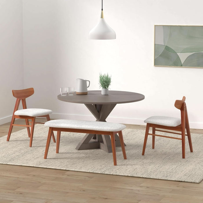 Alfred round Solid Wood Rustic Dining Table for Farmhouse Kitchen Room Decor, Wooden Trestle Pedestal Base, 46.5" Wide Circular Tabletop, Distressed Brown