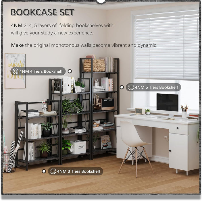 No Assembly Folding Bookshelf Storage Shelves 4 Tier Vintage Bookcase Standing Racks for Bedroom Living Room Home Office