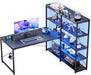 L Shaped Computer Desk with Reversible Side Storage Shelves, 49 Inch Gaming Desk with Power Outlets and Led Lights, PC Table for Home Office and Bedroom Black