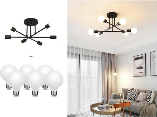 Modern Sputnik Chandelier, 6-Light Ceiling Light, 6 LED Light Bulbs Included for Bedroom,Dining Room,Kitchen,Office (Black)