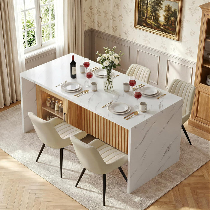 63 Inch Dining Table, Modern Kitchen Dining Room Table with Storage Cabinet, Faux Marble Tabletop and Fluted Wood Base, Rectangular Dining Table for 4-6 People
