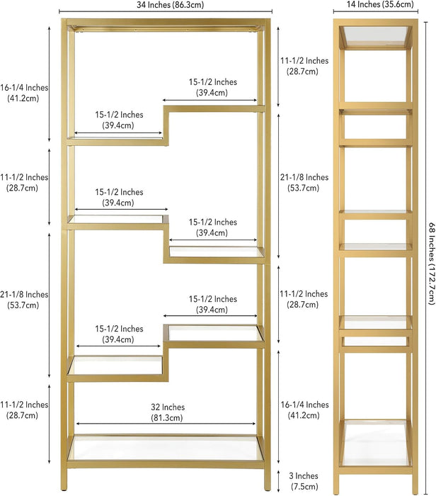 Henn&Hart 68" Tall Rectangular Bookcase in Brass, for Home Office, Living Room | Open Glass Shelving Displays Books, Plants, and Décor in Living Rooms, Offices, or Entryways While Keeping Spaces Bright