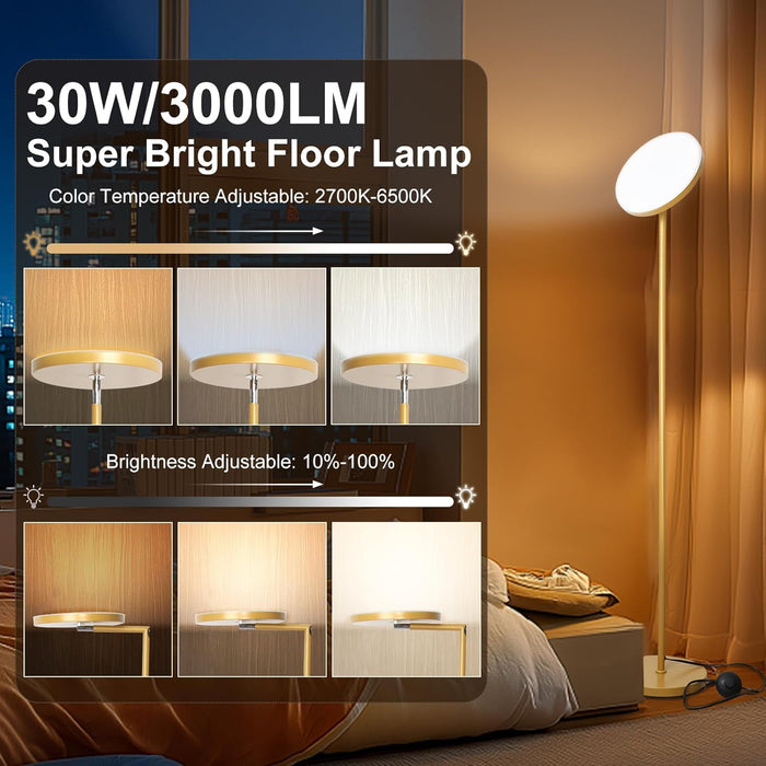 90-Degree Foldable LED Torchiere Floor Lamp, Super Bright 30W 3000LM, Remote Control with Stepless Dimming & Color Temperature Adjustable, Standing Lamp for Living Room, Bedroom, Office Gold