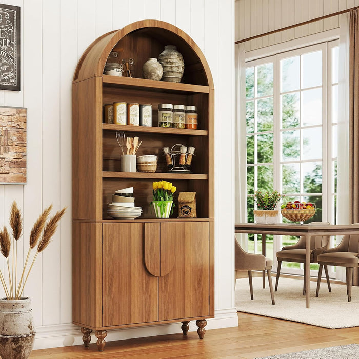2 Pack 71" Tall Arched Bookshelf with Storage Cabinet, Modern Wood Display Bookcase with Arched Top, 3 Adjustable Open Shelves, 2 Doors Cabinet, for Living Room, Bedroom, Walnut