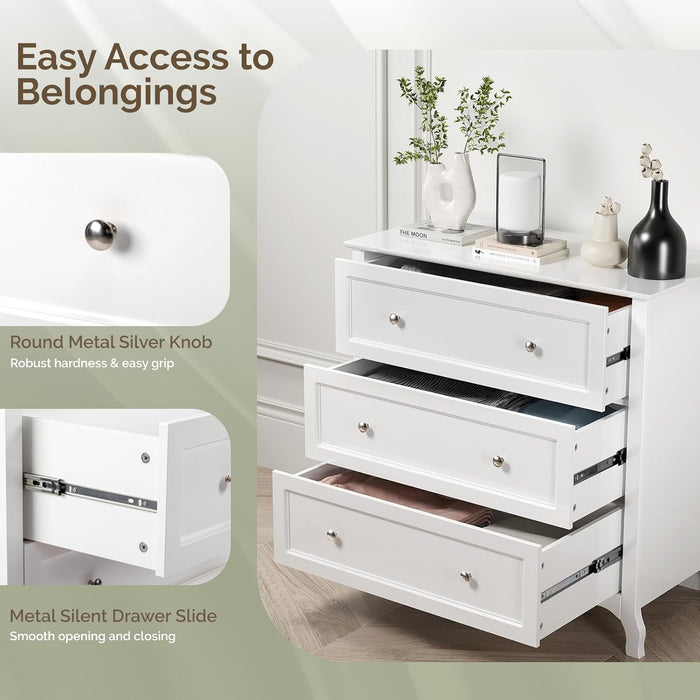 White Dresser 3 Drawer Chest of Drawers for Bedroom, Painted Wood Dresser with Large Drawers and Curved Legs, 31.5" W Large Nightstand, 31.5" W*15.75" D*31.5" H