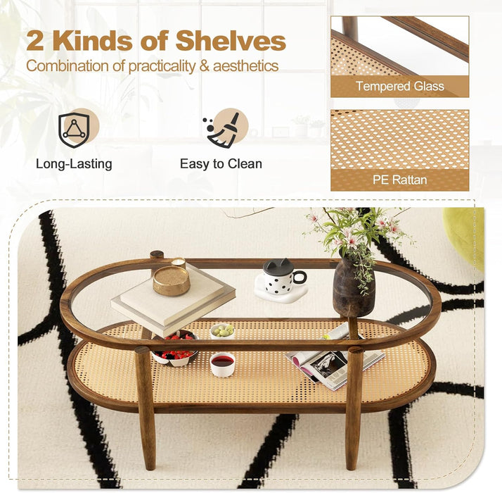 Rattan Coffee Table, 2-Tier Oval Acacia Wood Tea Table W/Tempered Glass Tabletop & PE Rattan Storage Shelf, Boho Cocktail Tables, Mid Century Modern Center Table for Living Room Office, Brown