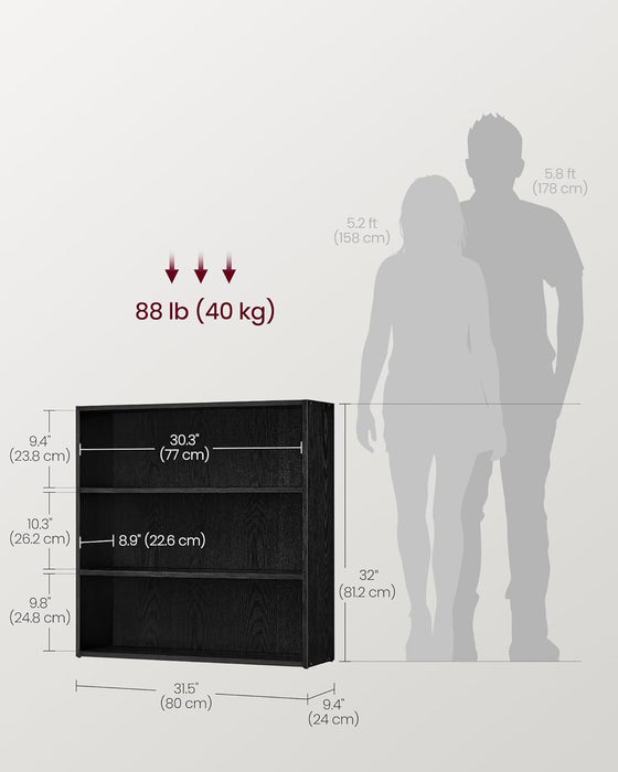 Custos Collection - Bookshelf, 3-Tier Bookcase, Book Shelf, Open Storage Shelf, 9.4 X 31.5 X 32 Inches, for Living Room, Home Office, Dinning Room, Ebony Black ULBC173T56