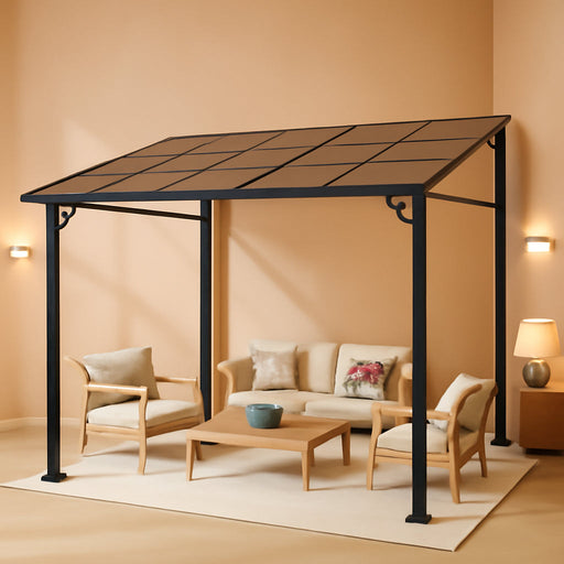 10 X 10 FT Wall Mounted Gazebo Pergola for Patio, Hardtop Gazebo with Sloped Polycarbonate Roof, Lean to Carport with 4-Pillar Aluminum Frame, Outdoor Garden Deck Shade for Decks, Backyard