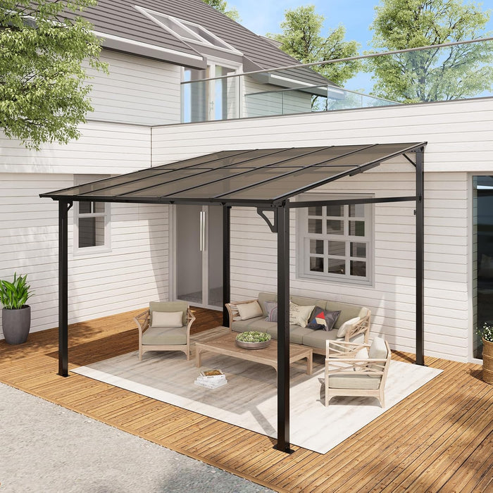 10 X 10 FT Wall Mounted Gazebo Pergola for Patio, Hardtop Gazebo with Sloped Polycarbonate Roof, Lean to Carport with 4-Pillar Aluminum Frame, Outdoor Garden Deck Shade for Decks, Backyard