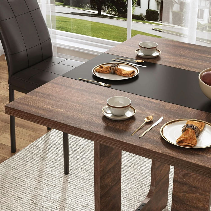 7 Pieces Dining Table & Chairs Set for 4-8 People, 71 Inch Kitchen Table with 6 Chairs, Rectangle Dining Table with Wooden Legs for Dining Room, Living Room, Brown