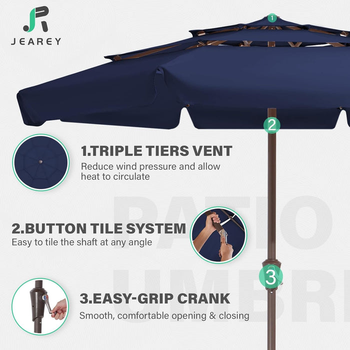 3 Tiers 9 FT Patio Umbrellas Outdoor Table Umbrella with Push Button Market Umbrella 8 Sturdy Ribs UV Protection Waterproof for Garden,Navy