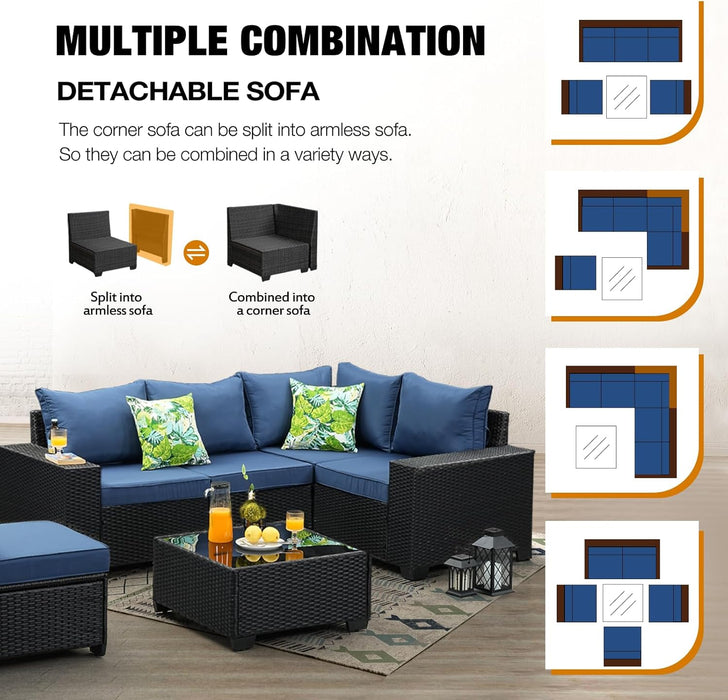 6 Pieces Patio Furniture Set All-Weather Outdoor Wicker Sectional Conversation Sofa Rattan Patio Seating Sofa with Cushion and Glass Table for Porch Poolside,Navy