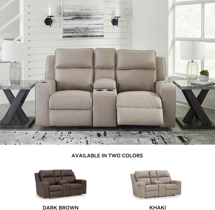 Signature Design by Ashley Lavenhorne Contemporary Faux Leather Manual Reclining Loveseat with Console and Cup Holders, Beige