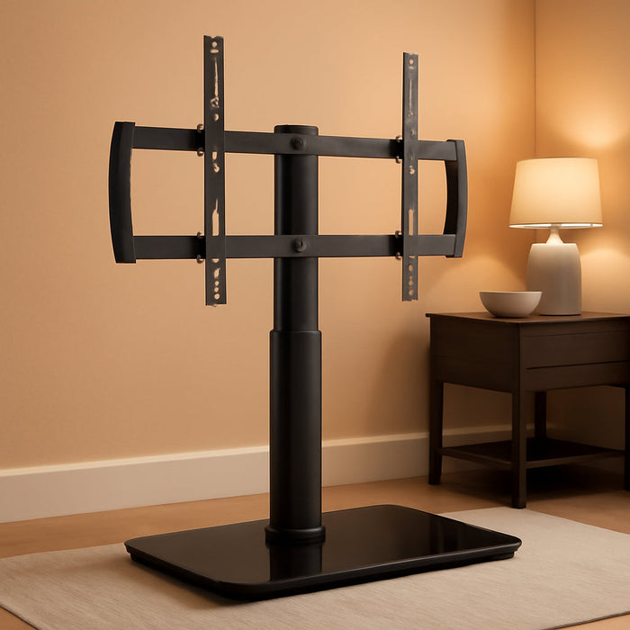 Universal Swivel TV Stand/Base Table Top TV Stand 32 to 65 Inch Tvs 80 Degree Swivel, 4 Level Height Adjustable, Heavy Duty Tempered Glass Base, Holds up to 88Lbs Screens, HT04B-002