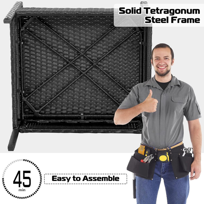 4 Piece Patio Rattan Conversation Set, Outdoor Wicker Furniture Set W/Glass Coffee Table, Solid Steel Structure, Ergonomic Seat, Suitable for Garden, Courtyard, Balcony, Poolside