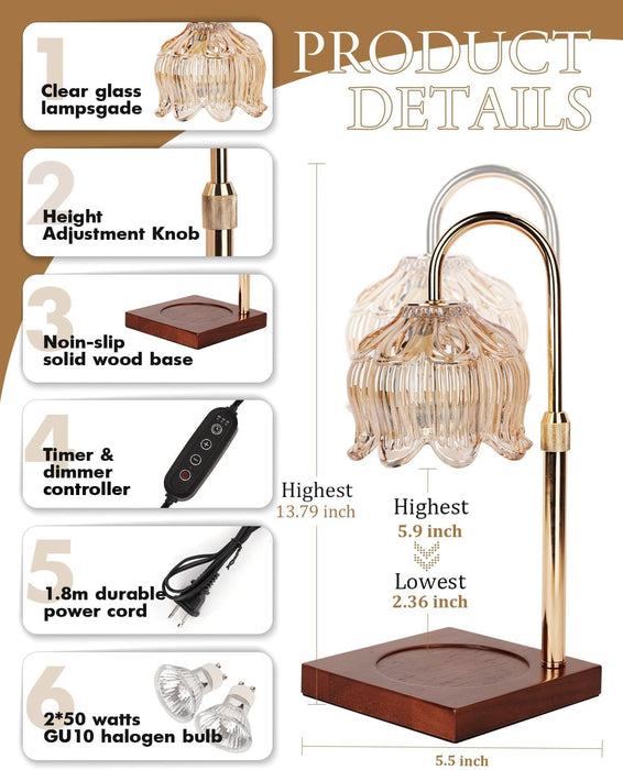 Flower Candle Warmer Lamp with Timer & Dimmer, Adjustable Height Candle Warmer, Gifts for Women Mom Birthday Christmas, House Warming New Home Bedroom Decor, Wax Warmer with 2 Bulbs for Jar Candles