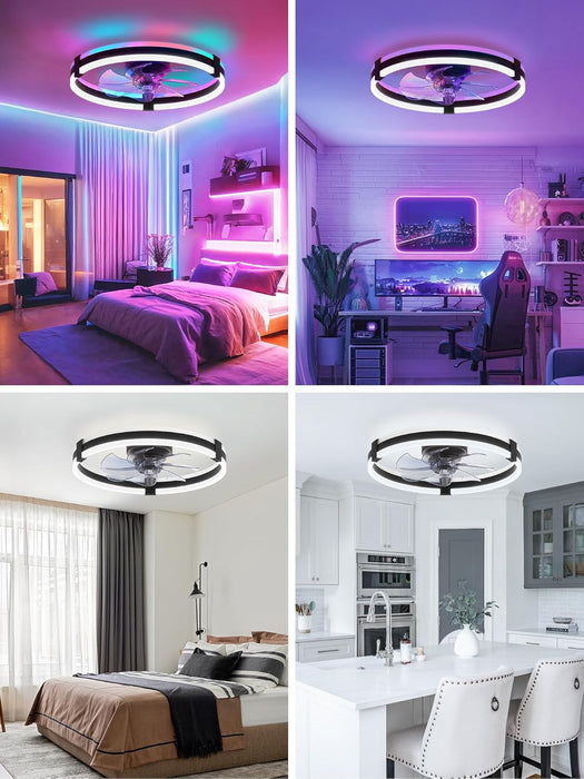 RGB Ceiling Fans with Lights and Remote, 20 Inch Low Profile Ceiling Fan with Light, 3000K-6000K Dimmable & RGB, Modern Fandelier Flush Mount Ceiling Fan, Small LED Fan for Bedroom