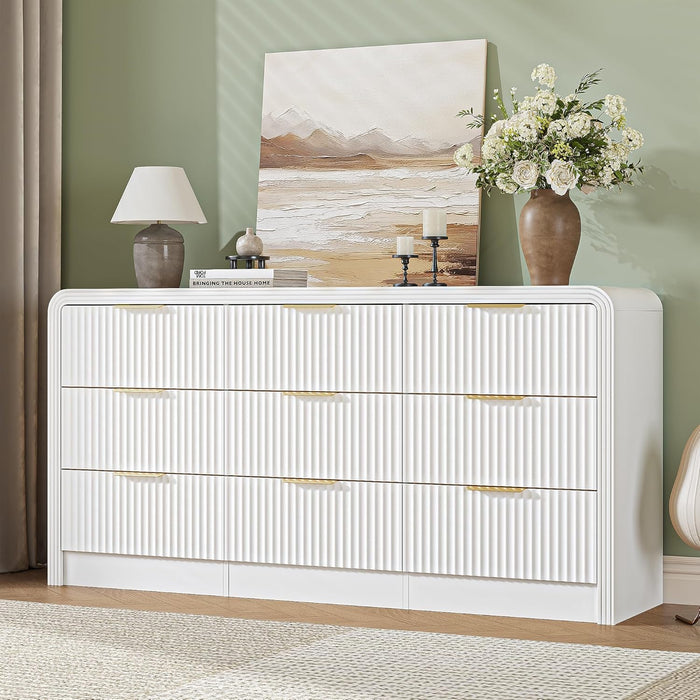 Fluted 9 Drawers Dresser, 63'' Wide Modern Chest of Drawers with round Edge & Metal Handle, Wood Drawer Organizer for Bedroom, Living Room, White