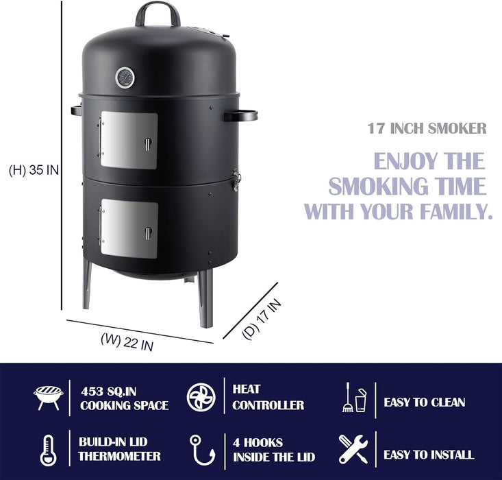 Charcoal Smoker BBQ Grill: Premium Vertical Meat Smokers with Smoke Tube - Barbecue Charcoal Grill Combo for Outdoor Cooking Patio Backyard Grilling Tailgating