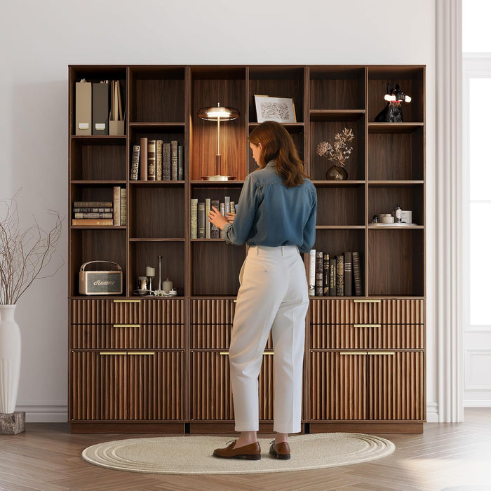Bookshelf, Bookcase with Doors and 2 Drawers, Fluted Tall Bookshelf with 4-Tier Storage Shelves, 73 Inch Wooden Book Shelf for Home Office, Living Room, Black Walnut