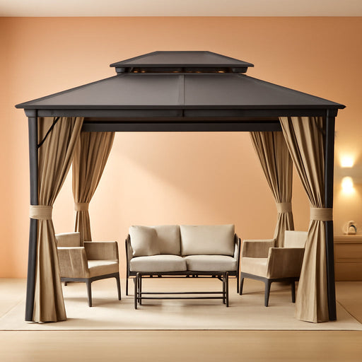 10'X13' Hardtop Gazebo, Galvanized Steel Aluminum Frame with Double Roof, Heavy-Duty Outdoor Patio Gazebo with Curtains & Netting for Backyard, Deck, Porch, Garden, Lawn, Khaki
