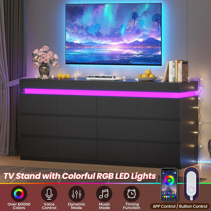 12 Drawer Dresser with LED Light, Black Modern Chest of Drawers for Bedroom,Long Dresser with Drawers for Living Room, Entryway, Hallway