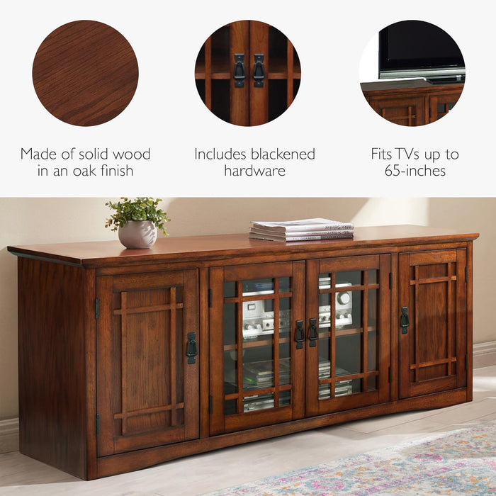82360 Solid Wood Mission Oak Four Door TV Stand for 65" Tvs Universal TV Console Living Room Storage Shelves Entertainment Center, Mission Oak