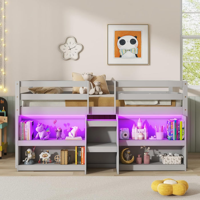 Twin Loft Bed with LED Lights, Wooden Loft Bed Twin Size with Stairs & Safety Guardrail, Low Loft Bed for Kids with Storage Bookcase and Under-Bed Play Space, Grey
