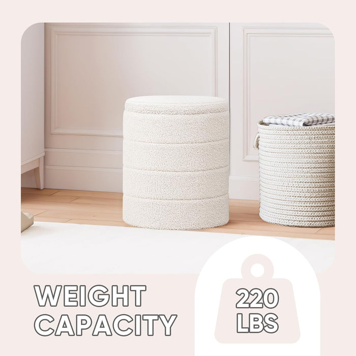 round Storage Ottoman Foot Rest Stool with Tray Velvet Sherpa Folding Storage Ottoman,Boucle Foot Rest for Living Room, Bedroom, Dorm（White）