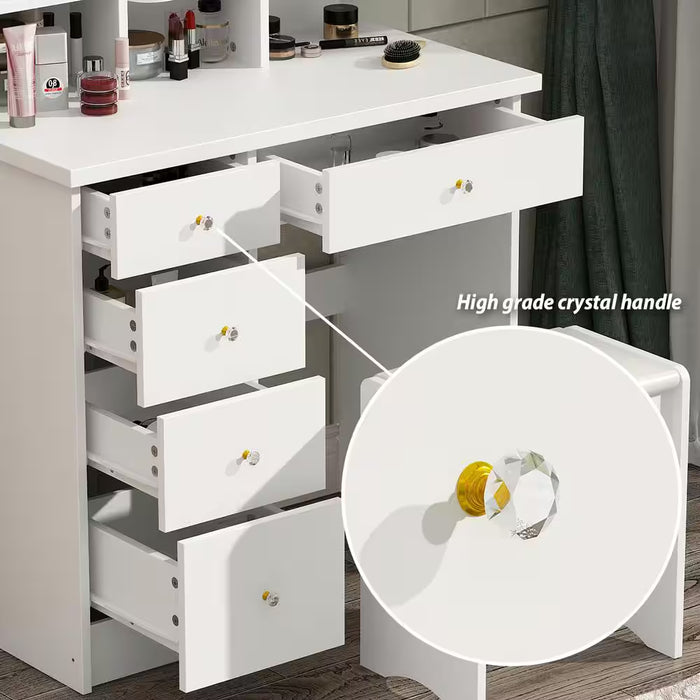 5-Drawers White Makeup Vanity Sets Dressing Table Sets with Stool, Mirror, LED Light and 3-Tier Storage Shelves