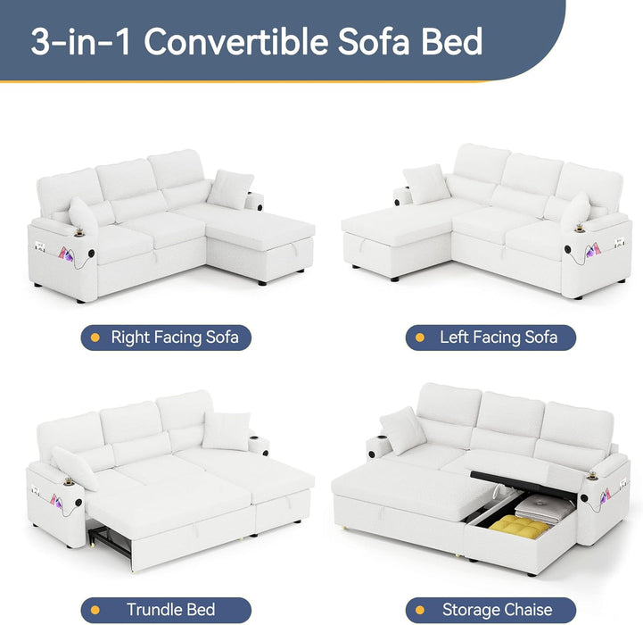 Pull Out ConvertibleSofaBed With Hidden Storage TeddyWhite