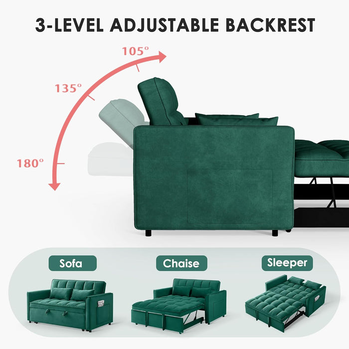 Sleeper Sofa Bed,55'' Convertible Pull Out Couch with Side Pockets,Velvet Fabric Loveseat Sleeper Sofa with Adjustable Backrest for Living Room,Bedroom,Apartment and Small Space, Green