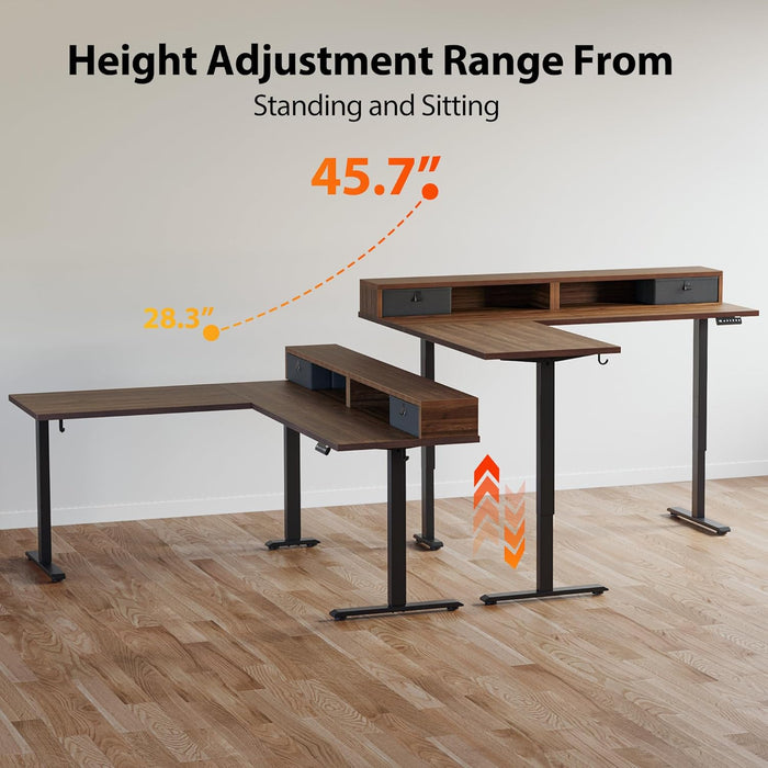 63 X 55 INCH L Shaped Electric Standing Desk with 2 Drawers, Ergonomic Adjustable Height Desk with Storage, Corner Desk Sit Stand up Computer Table for Work Office Home, Dark Wlalnut
