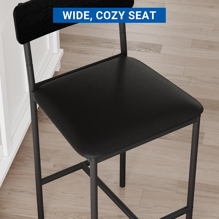Bar Stools Set of 4, Kitchen Counter Height Chairs, 25.5 Inches Upholstered Black Barstools with Back, Bar Height Chairs for Counter Bar, Island, Easy Assembly