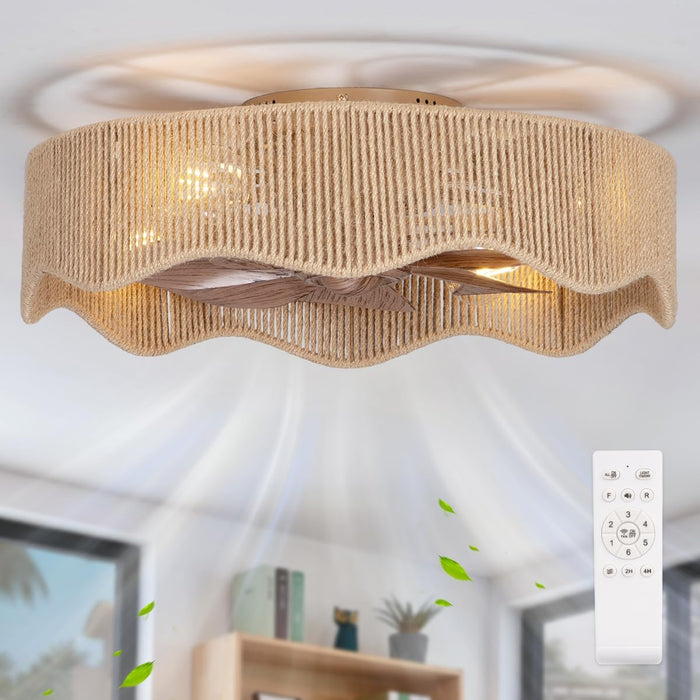 22" Boho Flush Mount Caged Ceiling Fans with Lights, Rustic Rattan Low Profile Ceiling Fans with Lights and Remote, Bladeless Fandelier Ceiling Fan with Light for Kitchen, Bedroom - ETL