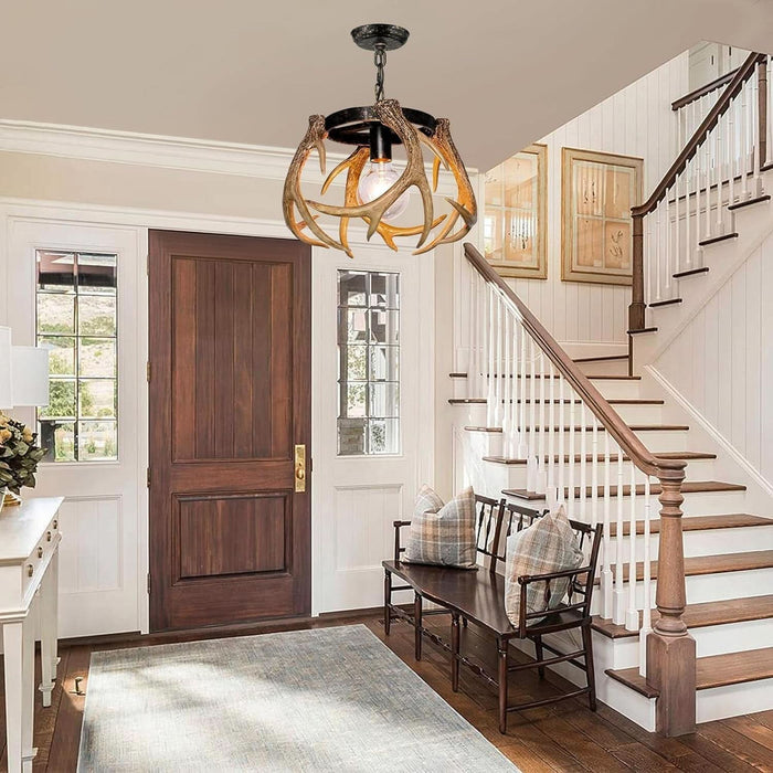 Rustic Antler Chandelier, Adjustable Height Farmhouse Chandeliers with Resin 4 Antlers and Retro Metal Wagon Wheel Chandelier Vintage Style for Dining Room, Kitchen, Hallway, Entryway