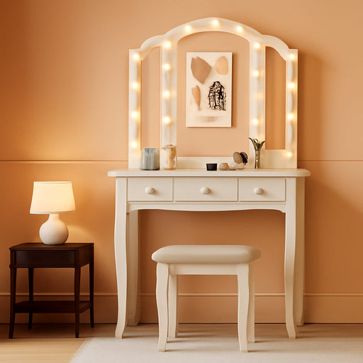 White Cosmetic Vanity Desk With Illuminated Mirror