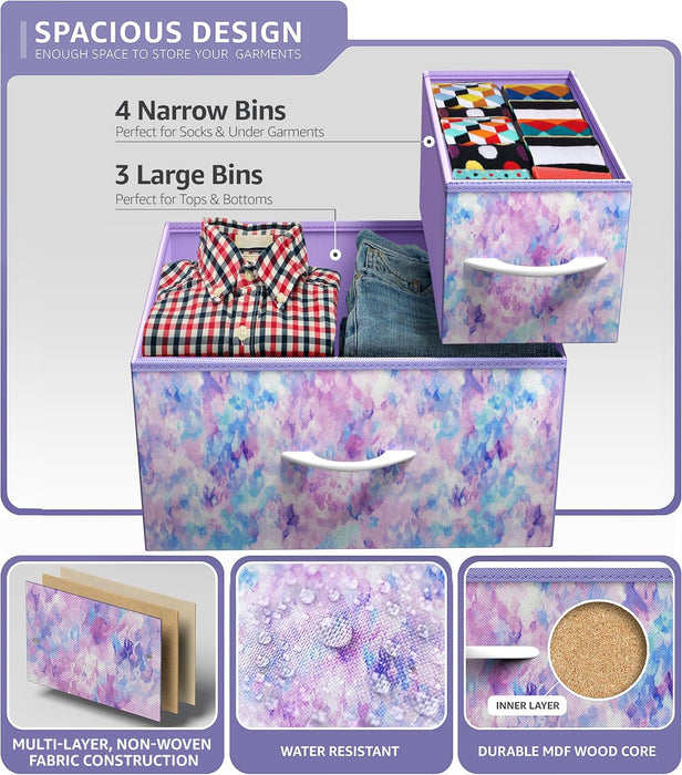 Kids Dresser with 7 Drawers - Storage Chest Organizer Unit with Steel Frame, Wood Top & Handles, Tie-Dye Fabric Bins for Clothes - Wide Furniture for Bedroom Hallway Kids Room Nursery & Closet