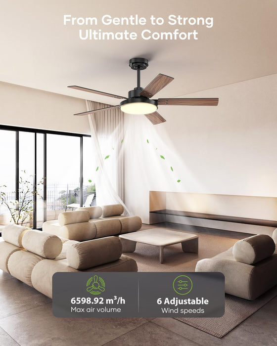 52 Inch Black Ceiling Fan with Light and Remote/App, Ceiling Fans with Lights, 3CCT, Reversible 6 Speeds Quiet, Black Modern Ceiling Fan with Light for Indoor Outdoor Bedroom Patio Living Room