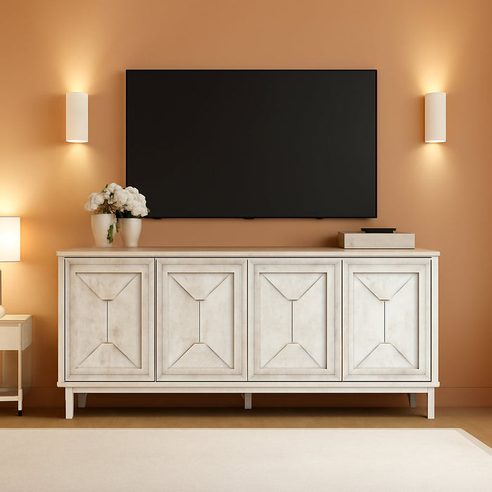 65" Modern Farmhouse TV Stand with Handcrafted Patchwork Doors for 55-75" Tvs, Entertainment Center Console with Cable Management, Adjustable Shelves Storage for Living Room, Pale Oak