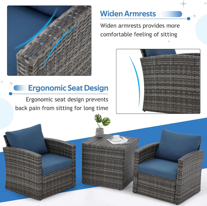 7 PCS Outdoor Patio Furniture Sets W/Two Storage Boxes, Outdoor Conversation Set PE Wicker Sectional Sofa Patio Sofa for Garden, Deck, Grey Rattan& Blue Cushions