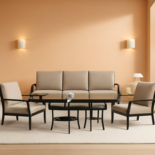 Aluminum Patio Furniture Set with round Coffee Tables, 5-Seat Outdoor Sectional Furniture W/5.1" Cushions, Patio Conversation Set for Porch, Backyard, Poolside-Sand