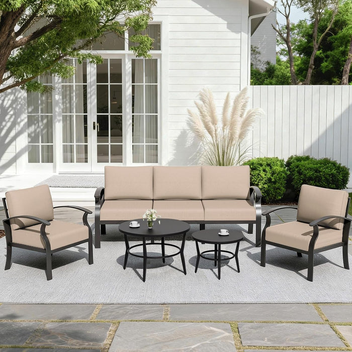 Aluminum Patio Furniture Set with round Coffee Tables, 5-Seat Outdoor Sectional Furniture W/5.1" Cushions, Patio Conversation Set for Porch, Backyard, Poolside-Sand